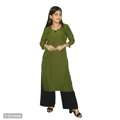 WORNE, V Neck Print Colour, Womens Stylish and Fancy Solid Plain Rayon Straight Round Neck Formal Office wear as Well as Casual wear Kurtis with 3/4th Sleeves (S, Green)-thumb2