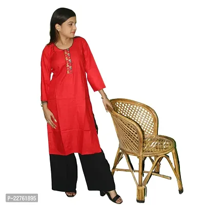 Snowlife Line Print Neck red Colour, Womens Stylish and Fancy Solid Plain Rayon Straight Round Neck Formal Office wear as Well as Casual wear Kurtis with 3/4th Sleeves