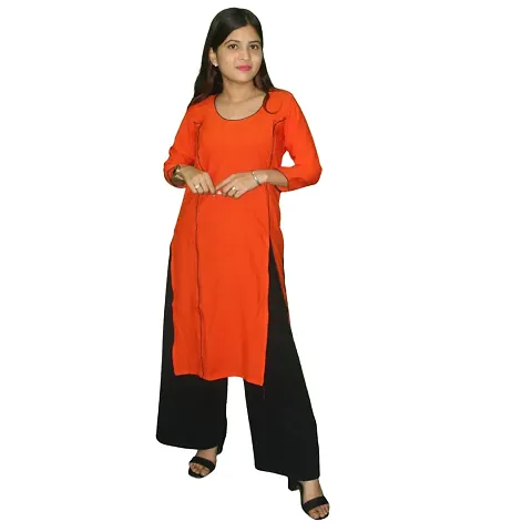 Snowlife Round Neck Colour, Womens Stylish and Fancy Solid Plain Rayon Straight Round Neck Formal Office wear as Well as Casual wear Kurtis with 3/4th Sleeves (S) Orange