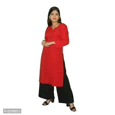 WORNE, V Neck Print Colour, Womens Stylish and Fancy Solid Plain Rayon Straight Round Neck Formal Office wear as Well as Casual wear Kurtis with 3/4th Sleeves (M, RED)-thumb2