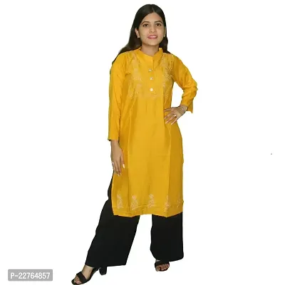 WORNE, NOMAN KURTIES, Colour, Womens Stylish and Fancy Solid Plain Rayon Straight Round Neck Formal Office wear as Well as Casual wear Kurtis with 3/4th Sleeves (S, Yellow)-thumb2