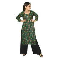 WORNE,Follower Print Dark Green Colour, Womens Stylish and Fancy Solid Plain Rayon Straight Round Neck Formal Office wear as Well as Casual wear Kurtis with 3/4th Sleeves-thumb1