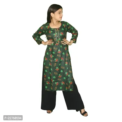 WORNE,Follower Print Dark Green Colour, Womens Stylish and Fancy Solid Plain Rayon Straight Round Neck Formal Office wear as Well as Casual wear Kurtis with 3/4th Sleeves-thumb2