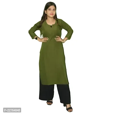 WORNE, V Neck Print Colour, Womens Stylish and Fancy Solid Plain Rayon Straight Round Neck Formal Office wear as Well as Casual wear Kurtis with 3/4th Sleeves (S, Green)-thumb0
