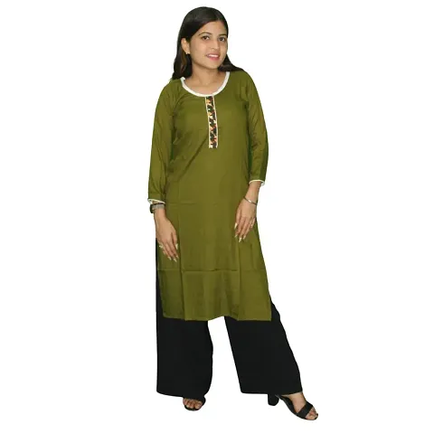 WORNE,Green KURTIES Fabclub Women's Rayon Solid Plain Straight Kurties (Broad Neck)