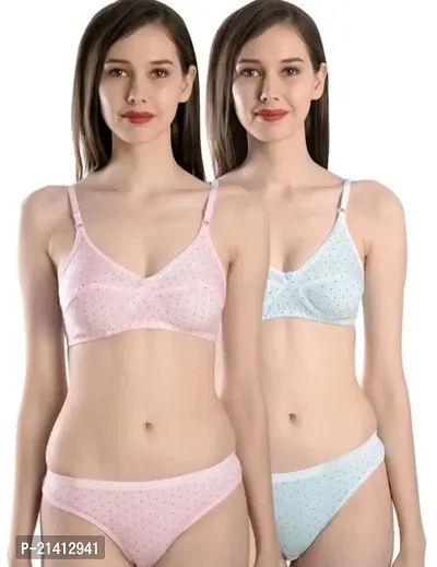 Stylish Multicoloured Cotton Blend Bra And Panty Set Pack Of 2