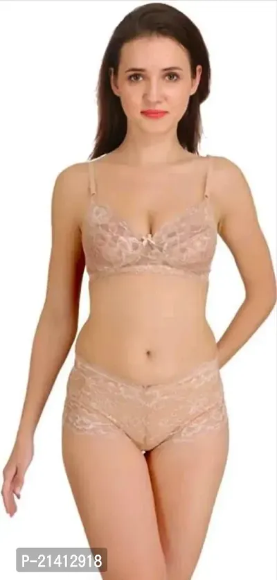 Stylish Beige Lace Bra And Panty Set-thumb0