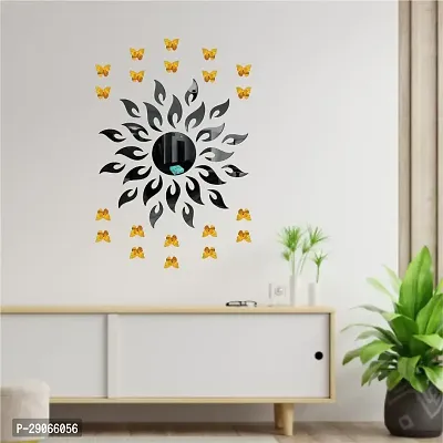 Classic Sun Flame Black With 20 Butterfly Golden Acrylic Mirror Wall Sticker|Mirror For Wall|Mirror Stickers For Wall|Wall Mirror|Flexible Mirror|3D Mirror Wall Stickers|Wall Sticker Cp-110