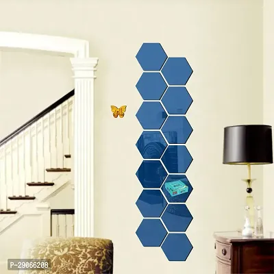 Classic 14 Hexagon Blue With 10 Butterfly Golden Acrylic Mirror Wall Sticker|Mirror For Wall|Mirror Stickers For Wall|Wall Mirror|Flexible Mirror|3D Mirror Wall Stickers|Wall Sticker Cp-230