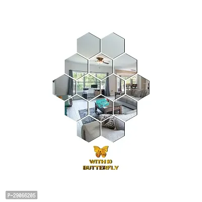 Classic 14 Hexagon Silver With 10 Butterfly Golden Acrylic Mirror Wall Sticker|Mirror For Wall|Mirror Stickers For Wall|Wall Mirror|Flexible Mirror|3D Mirror Wall Stickers|Wall Sticker Cp-227-thumb2