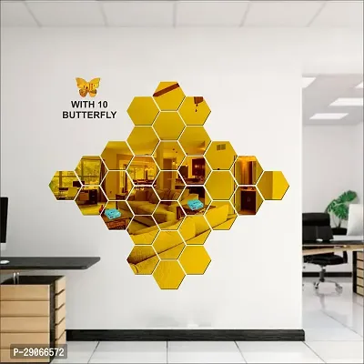 Classic 30 Hexagon 10 Butterflies Golden Acrylic Mirror Wall Sticker|Mirror For Wall|Mirror Stickers For Wall|Wall Mirror|Flexible Mirror|3D Mirror Wall Stickers|Wall Sticker Cp-497-thumb2