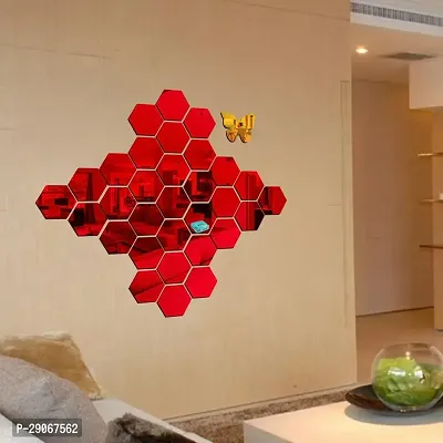 Classic 31 Hexagon Red And 10 Butterfly Acrylic Mirror Wall Sticker|Mirror For Wall|Mirror Stickers For Wall|Wall Mirror|Flexible Mirror|3D Mirror Wall Stickers|Wall Sticker Cp-1329