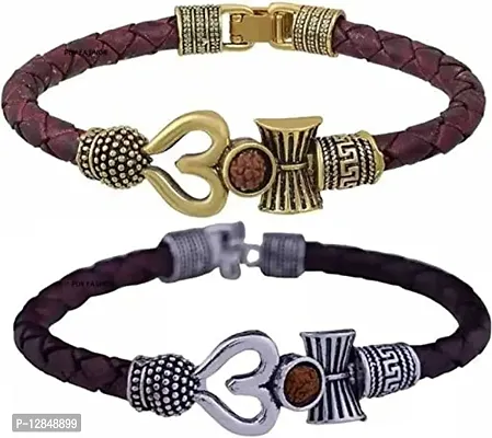 Om DAmru Trishul Leather Bracelet Silver and Gold combo