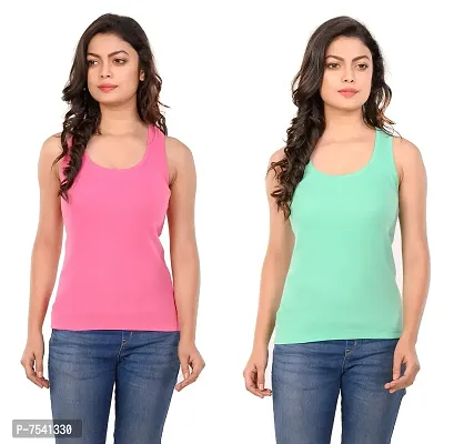 STYLEAONE Casual Sleeveless Solid Women Pink  Light Green Tank Top (Pack of 2)-thumb0