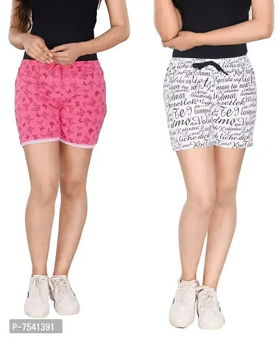 STYLEAONE Women's Cotton Printed Multi-Coloured Shorts - Pack of 2