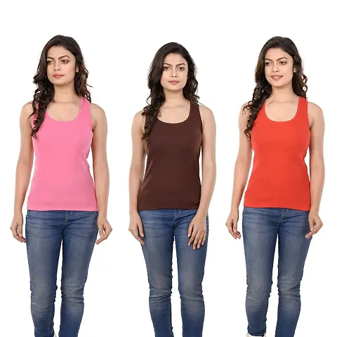 STYLEAONE Casual Sleeveless Solid Women Silver, Red, Light Top (Pack of 3) (Medium, Pink, Dark Blue, Silver)