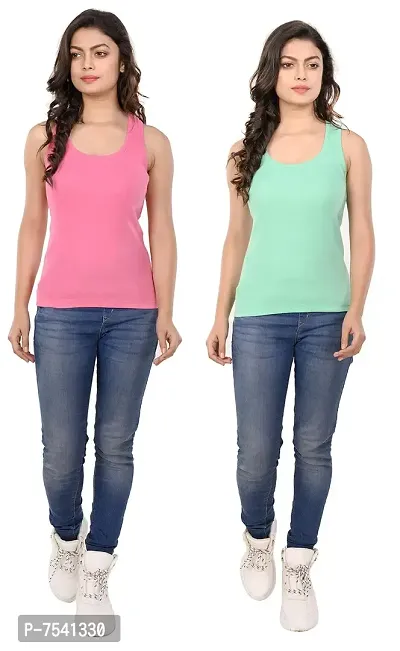 STYLEAONE Casual Sleeveless Solid Women Pink  Light Green Tank Top (Pack of 2)-thumb4