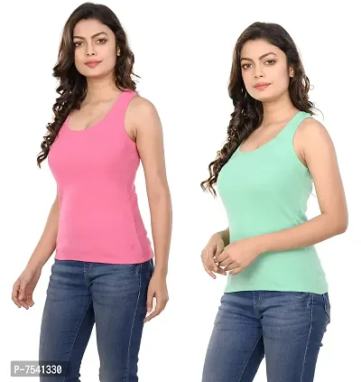 STYLEAONE Casual Sleeveless Solid Women Pink  Light Green Tank Top (Pack of 2)-thumb2