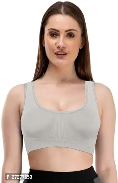 Stylish Grey Cotton Solid Sports Bra For Women