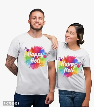 Holi Printed T-Shirts Round Neck Polyester for Couple-thumb0