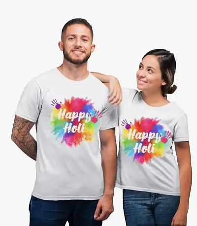 Holi Printed T-Shirts Round Neck Polyester for Couple