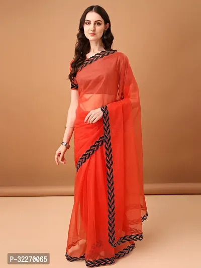 Beautiful Orange Net Embellished Saree With Blouse Piece For Women