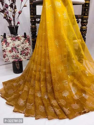 Beautiful Golden Net Embellished Saree With Blouse Piece For Women