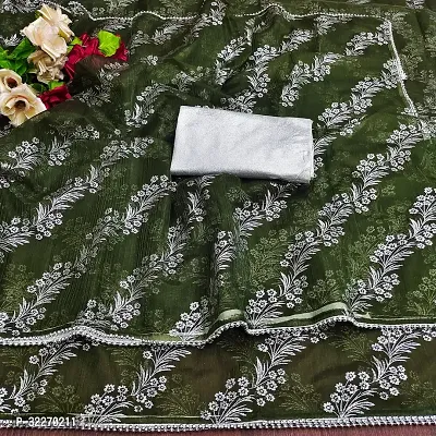 Beautiful Olive Organza Foil Print Saree With Blouse Piece For Women