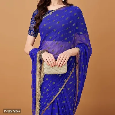 Beautiful Blue Chiffon Embellished Saree With Blouse Piece For Women-thumb0