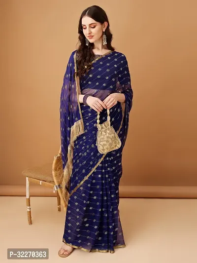 Beautiful Navy Blue Chiffon Brocade Saree With Blouse Piece For Women-thumb0