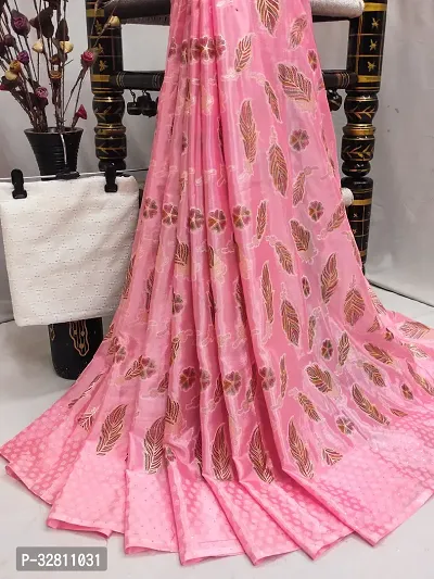 Elegant Pink Satin Saree with Blouse piece For Women-thumb0