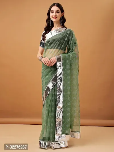 Beautiful Green Net Embellished Saree With Blouse Piece For Women-thumb0