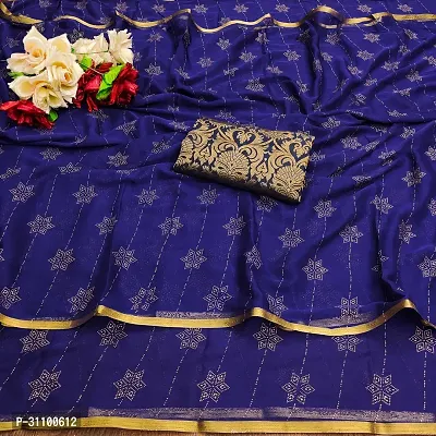 Beautiful Navy Blue Chiffon Embellished Women Saree with Blouse piece