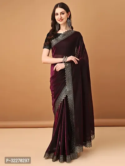 Beautiful Purple Lycra Applique Saree With Blouse Piece For Women-thumb0