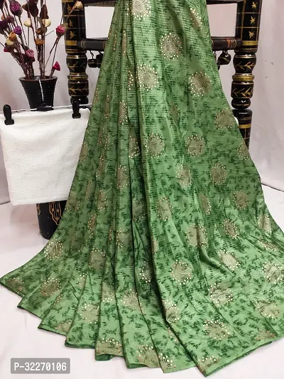 Beautiful Green Satin Foil Print Saree With Blouse Piece For Women-thumb0