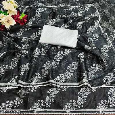 Beautiful Grey Organza Foil Print Saree With Blouse Piece For Women-thumb0