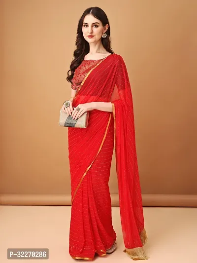 Beautiful Red Chiffon Brocade Saree With Blouse Piece For Women-thumb0