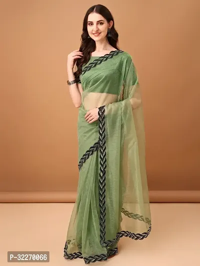 Beautiful Green Net Embellished Saree With Blouse Piece For Women