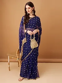 Beautiful Navy Blue Chiffon Brocade Saree With Blouse Piece For Women-thumb2