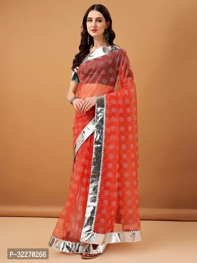 Beautiful Orange Net Embellished Saree With Blouse Piece For Women-thumb0