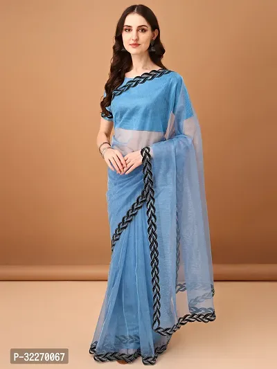 Beautiful Teal Net Embellished Saree With Blouse Piece For Women-thumb0