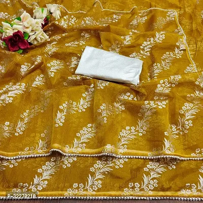 Beautiful Mustard Organza Foil Print Saree With Blouse Piece For Women