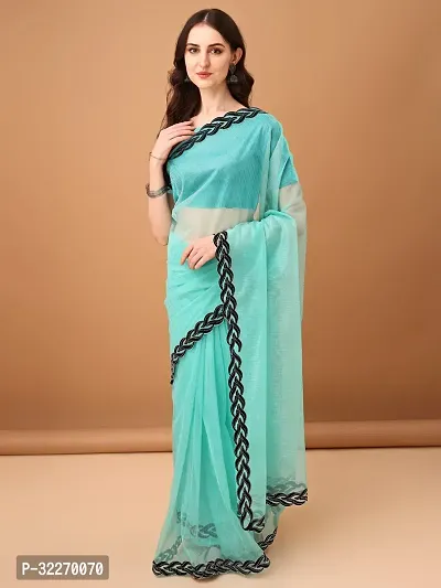 Beautiful Blue Net Embellished Saree With Blouse Piece For Women