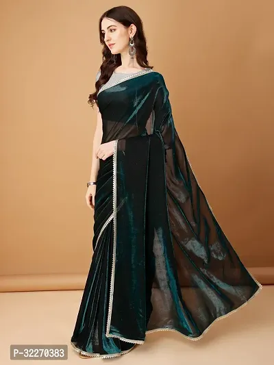 Beautiful Teal Lycra Embellished Saree With Blouse Piece For Women-thumb2