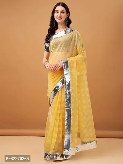 Beautiful Yellow Net Embellished Saree With Blouse Piece For Women-thumb0