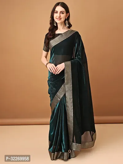 Beautiful Teal Lycra Embellished Saree With Blouse Piece For Women-thumb0