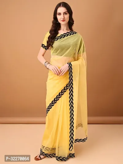 Beautiful Yellow Net Embellished Saree With Blouse Piece For Women-thumb0