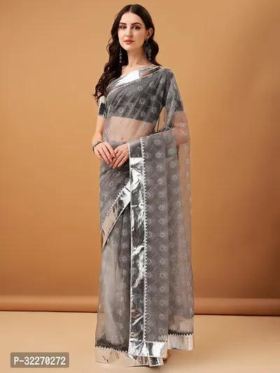 Beautiful Grey Net Embellished Saree With Blouse Piece For Women-thumb0