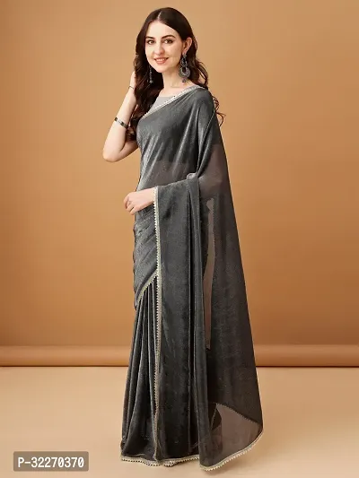 Beautiful Grey Lycra Embellished Saree With Blouse Piece For Women-thumb2