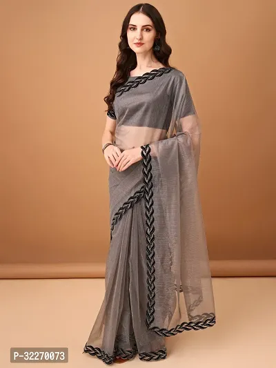 Beautiful Grey Net Embellished Saree With Blouse Piece For Women